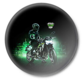 Значок с принтом Kawasaki Ninja Cup в Курске,  металл | круглая форма, металлическая застежка в виде булавки | cup | helmet | japan | kawasaki | motorcycle | night | ninja | racer | гонщик | кубок | мотоцикл | ночь | шлем | япония