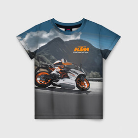 Детская футболка 3D с принтом KTM Racing team в Курске, 100% гипоаллергенный полиэфир | прямой крой, круглый вырез горловины, длина до линии бедер, чуть спущенное плечо, ткань немного тянется | clouds | ktm | motorcycle | mountains | nature | racer | racing | route | sky | team | гонщик | горы | мотоцикл | небо | облака | природа | трасса
