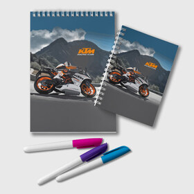 Блокнот с принтом KTM Racing team в Курске, 100% бумага | 48 листов, плотность листов — 60 г/м2, плотность картонной обложки — 250 г/м2. Листы скреплены удобной пружинной спиралью. Цвет линий — светло-серый
 | clouds | ktm | motorcycle | mountains | nature | racer | racing | route | sky | team | гонщик | горы | мотоцикл | небо | облака | природа | трасса