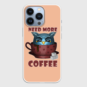 Чехол для iPhone 13 Pro с принтом Нужно Больше Кофе в Курске,  |  | Тематика изображения на принте: coffe | coffee | need more coffee | owl | арт | кофе | кофеман | надпись | недовольная | нужно больше кофе | сова | сова с кофе | совушка | сон | цитата