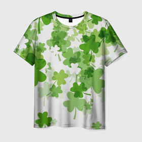 Мужская футболка 3D с принтом Клеверный дождь в Курске, 100% полиэфир | прямой крой, круглый вырез горловины, длина до линии бедер | белый | дождь | зеленый | клевер | много клевера | удача