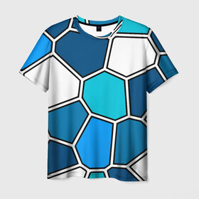Мужская футболка 3D с принтом Ледяной витраж в Курске, 100% полиэфир | прямой крой, круглый вырез горловины, длина до линии бедер | витраж | геометрия | зенит | сетка | синий | соты | футбол