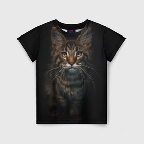Детская футболка 3D с принтом Кот усатый в Курске, 100% гипоаллергенный полиэфир | прямой крой, круглый вырез горловины, длина до линии бедер, чуть спущенное плечо, ткань немного тянется | cat | кот | котёнок | котик | кошка | мейн кун | полосатый | пушистый | усатый