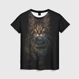 Женская футболка 3D с принтом Кот усатый в Курске, 100% полиэфир ( синтетическое хлопкоподобное полотно) | прямой крой, круглый вырез горловины, длина до линии бедер | cat | кот | котёнок | котик | кошка | мейн кун | полосатый | пушистый | усатый
