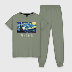 Женская пижама хлопок с принтом Ван Гог в Курске, 100% хлопок | брюки и футболка прямого кроя, без карманов, на брюках мягкая резинка на поясе и по низу штанин | starry night | van gogh | звездная ночь | искусство | картины