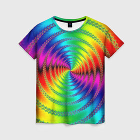 Женская футболка 3D с принтом Цветной гипноз в Курске, 100% полиэфир ( синтетическое хлопкоподобное полотно) | прямой крой, круглый вырез горловины, длина до линии бедер | насыщенные цвета | радуга | спираль | цвет | цвета | яркие цвета | ярко