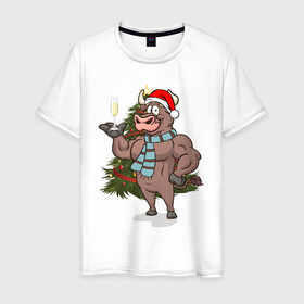 Мужская футболка хлопок с принтом Новогодний Бык в Курске, 100% хлопок | прямой крой, круглый вырез горловины, длина до линии бедер, слегка спущенное плечо. | 