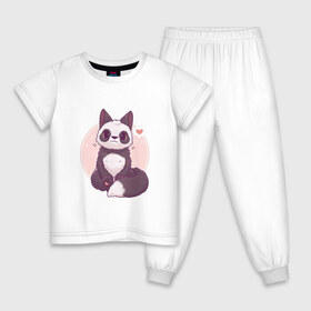 Детская пижама хлопок с принтом Лисья панда в Курске, 100% хлопок |  брюки и футболка прямого кроя, без карманов, на брюках мягкая резинка на поясе и по низу штанин
 | Тематика изображения на принте: арт | белый | лиса | любовь | мило | милота | мимишка | панда | рисунок | сердце | чёрно белый | чёрный