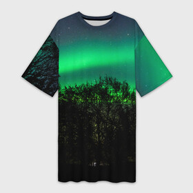 Платье-футболка 3D с принтом Северное сияние в Курске,  |  | Тематика изображения на принте: звездное небо | лес | пейзаж. | северное сияние
