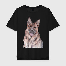 Мужская футболка хлопок Oversize с принтом Овчарка в Курске, 100% хлопок | свободный крой, круглый ворот, “спинка” длиннее передней части | акварель | животные | звери | краски | овчарка | песокафе | питомцы | рисунок | собаки