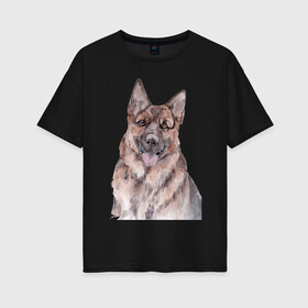 Женская футболка хлопок Oversize с принтом Овчарка в Курске, 100% хлопок | свободный крой, круглый ворот, спущенный рукав, длина до линии бедер
 | акварель | животные | звери | краски | овчарка | песокафе | питомцы | рисунок | собаки