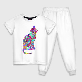 Детская пижама хлопок с принтом красочная кошка в Курске, 100% хлопок |  брюки и футболка прямого кроя, без карманов, на брюках мягкая резинка на поясе и по низу штанин
 | желтый | зеленый | красный | фиолетовый