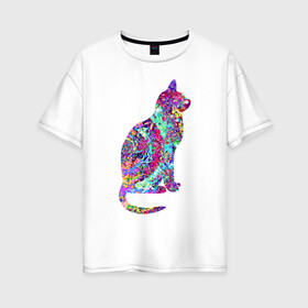 Женская футболка хлопок Oversize с принтом красочная кошка в Курске, 100% хлопок | свободный крой, круглый ворот, спущенный рукав, длина до линии бедер
 | желтый | зеленый | красный | фиолетовый