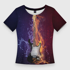 Женская футболка 3D Slim с принтом Гитара огня в Курске,  |  | fire guitar | jazz | rock | гитара огня | раскаленная гитара