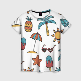 Женская футболка 3D с принтом Отпуск в Курске, 100% полиэфир ( синтетическое хлопкоподобное полотно) | прямой крой, круглый вырез горловины, длина до линии бедер | summer | ананас | ананасы | гаваи | гавайская | звезда | звёзды | зонт | лето | мороженное | отдых | отпуск | очки | пальма | пальмы | пляж | солнце | туризм | туристическая