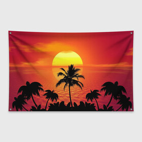 Флаг-баннер с принтом Пальмы на фоне моря в Курске, 100% полиэстер | размер 67 х 109 см, плотность ткани — 95 г/м2; по краям флага есть четыре люверса для крепления | Тематика изображения на принте: summer | восход | гаваи | гавайская | закат | лето | море | океан | отдых | отпуск | пальма | пальмы | солнце | туризм | туристическая