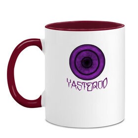 Кружка двухцветная с принтом YASTEROD big в Курске, керамика | объем — 330 мл, диаметр — 80 мм. Цветная ручка и кайма сверху, в некоторых цветах — вся внутренняя часть | eye | purple | rinnegan | yasterod | глаз | риннеган | фиолетовый