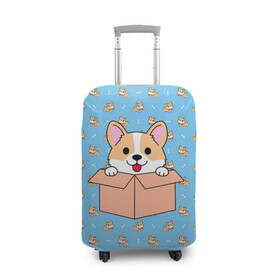 Чехол для чемодана 3D с принтом КОРГИ в Курске, 86% полиэфир, 14% спандекс | двустороннее нанесение принта, прорези для ручек и колес | dog | dogs | весёлые собачки | еда | корги | корги с пиццей | косточка | кость | милые собачки | пицца | прикольные собачки | собаки | собачки