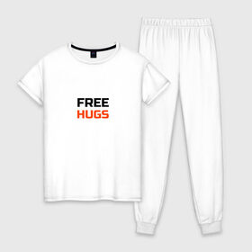 Женская пижама хлопок с принтом free hugs бесплатные обнимашки в Курске, 100% хлопок | брюки и футболка прямого кроя, без карманов, на брюках мягкая резинка на поясе и по низу штанин | 