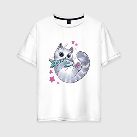 Женская футболка хлопок Oversize с принтом Котик с рыбкой в Курске, 100% хлопок | свободный крой, круглый ворот, спущенный рукав, длина до линии бедер
 | игрушка | кот | котёнок | котик | рыба | рыбка | цветочки | цветы