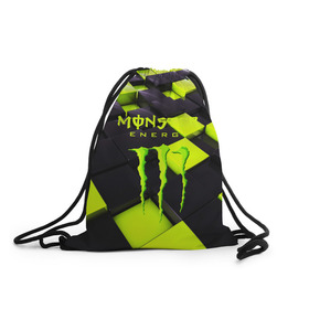 Рюкзак-мешок 3D с принтом MONSTER ENERGY в Курске, 100% полиэстер | плотность ткани — 200 г/м2, размер — 35 х 45 см; лямки — толстые шнурки, застежка на шнуровке, без карманов и подкладки | Тематика изображения на принте: energy | monster energy | кофеин | монстр | монстр энерджи | напиток | таурин | энергетик | энергетический напиток