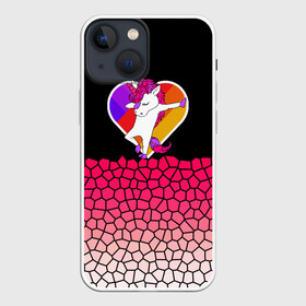 Чехол для iPhone 13 mini с принтом Dabbing heart Pink Unicorn в Курске,  |  | Тематика изображения на принте: cute | little pony | rainbow | tik tok | градиент | грива | девочкам | детям | единорог | кавайный | лайк | лошадь | любовь | милый | мозаика | пегас | подростковые | пони | радуга | радужный | сердце | соты | танец