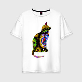 Женская футболка хлопок Oversize с принтом кошка 1 в Курске, 100% хлопок | свободный крой, круглый ворот, спущенный рукав, длина до линии бедер
 | желтый | зеленый | кошка | красный | необычная | разноцветная