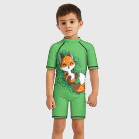 Детский купальный костюм 3D с принтом Удачливый лис в Курске, Полиэстер 85%, Спандекс 15% | застежка на молнии на спине | арт | весёлый | веселье | зелёный | клевер | лис | лиса | лисёнок | рисунок | рыжий | рыжий лис | счастливый | счастье | удача