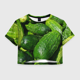 Женская футболка Crop-top 3D с принтом Огурцы в Курске, 100% полиэстер | круглая горловина, длина футболки до линии талии, рукава с отворотами | еда | зелень | огород | огурец | огуречик | огурцы | огурчик | огурчики | природа | растение | растения | флора