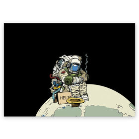 Поздравительная открытка с принтом Help! в Курске, 100% бумага | плотность бумаги 280 г/м2, матовая, на обратной стороне линовка и место для марки
 | Тематика изображения на принте: coin | cosmonaut | cosmos | hat | moon | planet | space | spacesuit | космонавт | космос | луна | монета | планета | шляпа