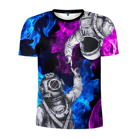 Мужская футболка 3D спортивная с принтом Космонавт и водолаз в Курске, 100% полиэстер с улучшенными характеристиками | приталенный силуэт, круглая горловина, широкие плечи, сужается к линии бедра | astronaut | blue | cosmos | diver | elon musk | fire | flame | nasa | planet | purple | space | spacex | star | universe | water | абстракция | астронавт | вода | вселенная | галактика | дайвер | звезда | илон маск | космонавт | космос | наса | огонь | пл