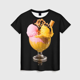 Женская футболка 3D с принтом Мороженое в Курске, 100% полиэфир ( синтетическое хлопкоподобное полотно) | прямой крой, круглый вырез горловины, длина до линии бедер | мороженое | сладости | стакан | чёрный | шоколад