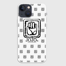 Чехол для iPhone 13 mini с принтом Лого джоджо белый в Курске,  |  | anime | jojo | jojo’s bizarre adventure | аниме | анимэ | биззаре адвенчер | джо | джо джо | джоджо | джонатан джостар | дзёсукэ хигасиката | дзётаро кудзё | жожо | игги | кира | лого | манга | невероятные приключения