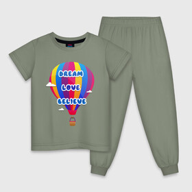 Детская пижама хлопок с принтом Воздушный шар в Курске, 100% хлопок |  брюки и футболка прямого кроя, без карманов, на брюках мягкая резинка на поясе и по низу штанин
 | believe | dream | love | вектор | воздушный шар | облака | разноцветный | синий шрифт