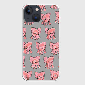 Чехол для iPhone 13 mini с принтом РОЗОВЫЕ СЛОНИКИ ПАТТЕРН в Курске,  |  | бесшовный паттерн | животные. слоны | милота | нежнятина | серый | слоники. розовый