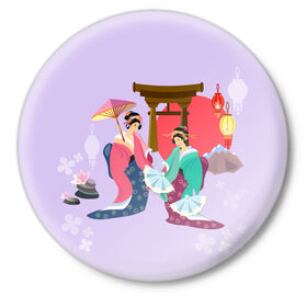 Значок с принтом Geishas в Курске,  металл | круглая форма, металлическая застежка в виде булавки | горы | остров | сакура | токио | япония