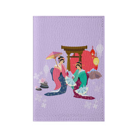 Обложка для паспорта матовая кожа с принтом Geishas в Курске, натуральная матовая кожа | размер 19,3 х 13,7 см; прозрачные пластиковые крепления | Тематика изображения на принте: горы | остров | сакура | токио | япония