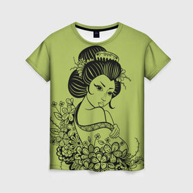 Женская футболка 3D с принтом Geisha 23 в Курске, 100% полиэфир ( синтетическое хлопкоподобное полотно) | прямой крой, круглый вырез горловины, длина до линии бедер | девушка | сакура | цветы | япония