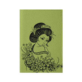 Обложка для паспорта матовая кожа с принтом Geisha 23 в Курске, натуральная матовая кожа | размер 19,3 х 13,7 см; прозрачные пластиковые крепления | Тематика изображения на принте: девушка | сакура | цветы | япония