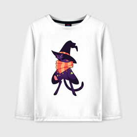 Детский лонгслив хлопок с принтом Хэллоунский кот маг в Курске, 100% хлопок | круглый вырез горловины, полуприлегающий силуэт, длина до линии бедер | волшебство | звезды | кот | маг | магия | осень | хэллоуин | хэловин | шарф | шляпа