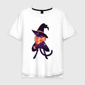 Мужская футболка хлопок Oversize с принтом Хэллоунский кот маг в Курске, 100% хлопок | свободный крой, круглый ворот, “спинка” длиннее передней части | волшебство | звезды | кот | маг | магия | осень | хэллоуин | хэловин | шарф | шляпа