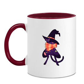 Кружка двухцветная с принтом Хэллоунский кот маг в Курске, керамика | объем — 330 мл, диаметр — 80 мм. Цветная ручка и кайма сверху, в некоторых цветах — вся внутренняя часть | Тематика изображения на принте: волшебство | звезды | кот | маг | магия | осень | хэллоуин | хэловин | шарф | шляпа