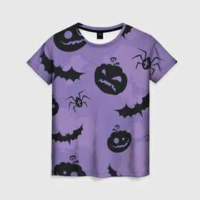 Женская футболка 3D с принтом Фиолетовый хэллоуин в Курске, 100% полиэфир ( синтетическое хлопкоподобное полотно) | прямой крой, круглый вырез горловины, длина до линии бедер | арт | вектор | вырезанные лица | летучая мышь | летучие мыши | паук | пауки | рисунок | тыква | тыквы | фиолетовый | черный