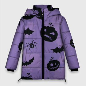 Женская зимняя куртка 3D с принтом Фиолетовый хэллоуин в Курске, верх — 100% полиэстер; подкладка — 100% полиэстер; утеплитель — 100% полиэстер | длина ниже бедра, силуэт Оверсайз. Есть воротник-стойка, отстегивающийся капюшон и ветрозащитная планка. 

Боковые карманы с листочкой на кнопках и внутренний карман на молнии | арт | вектор | вырезанные лица | летучая мышь | летучие мыши | паук | пауки | рисунок | тыква | тыквы | фиолетовый | черный