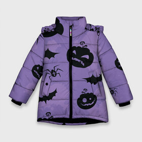 Зимняя куртка для девочек 3D с принтом Фиолетовый хэллоуин в Курске, ткань верха — 100% полиэстер; подклад — 100% полиэстер, утеплитель — 100% полиэстер. | длина ниже бедра, удлиненная спинка, воротник стойка и отстегивающийся капюшон. Есть боковые карманы с листочкой на кнопках, утяжки по низу изделия и внутренний карман на молнии. 

Предусмотрены светоотражающий принт на спинке, радужный светоотражающий элемент на пуллере молнии и на резинке для утяжки. | арт | вектор | вырезанные лица | летучая мышь | летучие мыши | паук | пауки | рисунок | тыква | тыквы | фиолетовый | черный