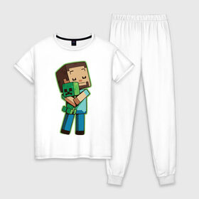 Женская пижама хлопок с принтом Minecraft в Курске, 100% хлопок | брюки и футболка прямого кроя, без карманов, на брюках мягкая резинка на поясе и по низу штанин | Тематика изображения на принте: биом | выживание | игра | куб | персонаж