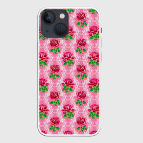 Чехол для iPhone 13 mini с принтом Декор из нежных роз в Курске,  |  | fashion | flower pattern | girl | pink | roses | винтаж | винтажные | девушкам | зелень | лепестки | лето | листья | марта | нежные | пастельные | паттерн | пионы | подарок | природа | растения | ретро | роза | розы | узор