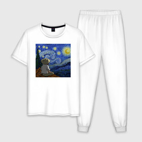 Мужская пижама хлопок с принтом Винсент Вангог в Курске, 100% хлопок | брюки и футболка прямого кроя, без карманов, на брюках мягкая резинка на поясе и по низу штанин
 | Тематика изображения на принте: арт | винсент вангог | дождь | ночь | романтика | художник