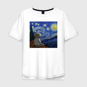 Мужская футболка хлопок Oversize с принтом Винсент Вангог в Курске, 100% хлопок | свободный крой, круглый ворот, “спинка” длиннее передней части | Тематика изображения на принте: арт | винсент вангог | дождь | ночь | романтика | художник