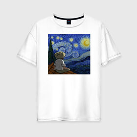 Женская футболка хлопок Oversize с принтом Винсент Вангог в Курске, 100% хлопок | свободный крой, круглый ворот, спущенный рукав, длина до линии бедер
 | арт | винсент вангог | дождь | ночь | романтика | художник